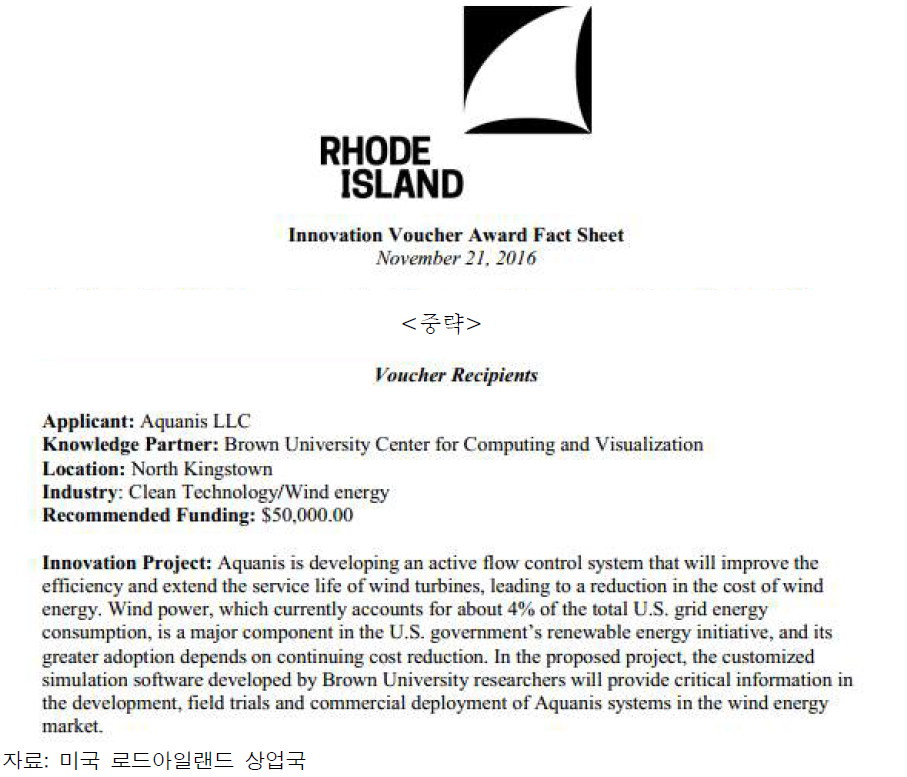 미국 로드아일랜드주의 혁신 바우처 2016년 성과표