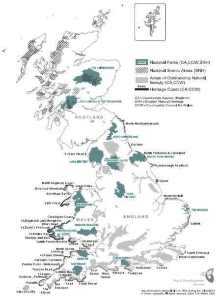 영국의 보호지역(2005년 12월) (DEFRA, 2006c)