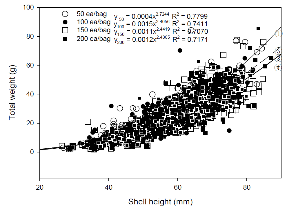 양성밀도별 굴의 각고-전중량의 상대성장 비교