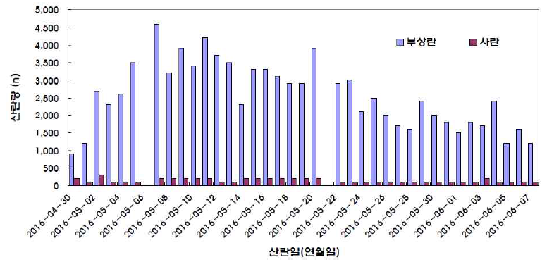 본 조사기간 중 참돔의 일별 수정란 산란량