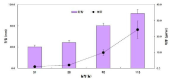 부화 후 115일까지 측정한 참돔 치어의 전장(cm) 및 중량(gWWt) 분포