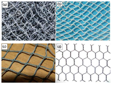 가두리 그물망의 종류. (a): PE 낫셀망; (b): 나이론망; (c): PP 그물망; (d): 특수 코팅철망(참다랑어 적지조사, 해양연 2008)