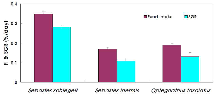 동절기 볼락류와 돌돔의 사료섭취울 및 일간성장률 비교 자료