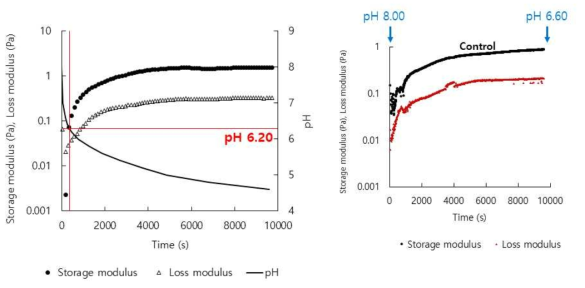 pH 변화에 따른 arabic gum-SPI 혼합용액의 점탄성(storage, loss modulus (Pa))