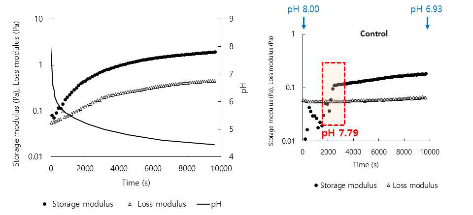 pH 변화에 따른 xanthan-SPI 혼합용액의 점탄성(storage, loss modulus (Pa))