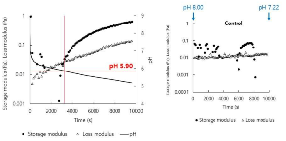 pH 변화에 따른 HM pectin-SPI 혼합용액의 점탄성(storage, loss modulus (Pa))