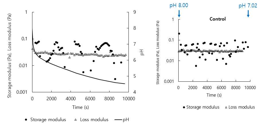 pH 변화에 따른 λ-carrageenan-SPI 혼합용액의 점탄성(storage, loss modulus (Pa))