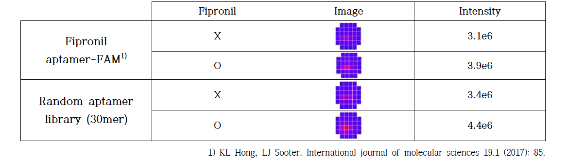 핵산분자 종류와 Fipronil 고정 유무에 따른 형광 세기 비교