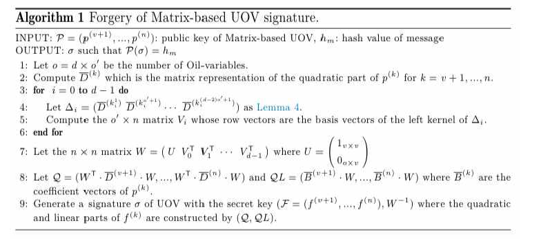 Matrix-based UOV의 전자서명 위조 알고리즘
