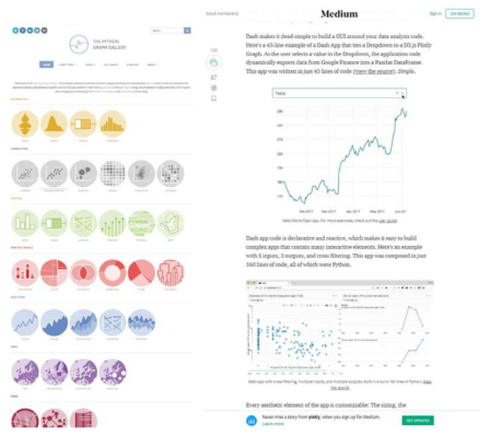 파이션을 이용한 데이터 시각화 기법들 개발과 응용 확대 [출처: https://python-graph-gallery.com/, https://medium.com/@plotlygraphs/introducing-dash-5ecf7191b503]