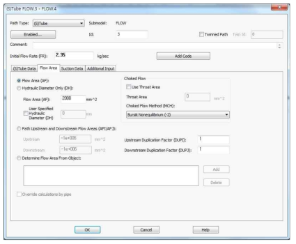 Input parameters for Flow Area of the pipe modeling