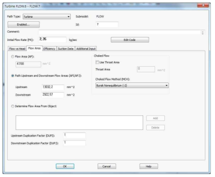 Input parameters for Flow Area of the turbine modeling