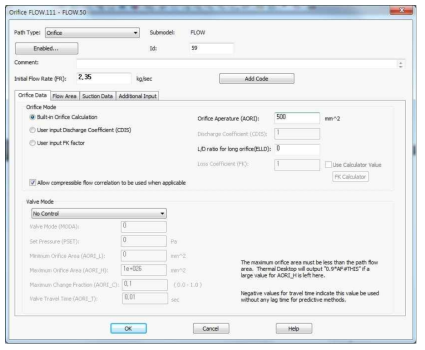 Input parameters for Orifice Data of the valve modeling