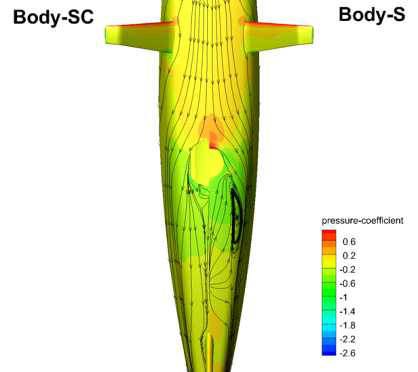 표면 압력 분포 및 유선도 비교: Body-strut & Body-strut-cavity