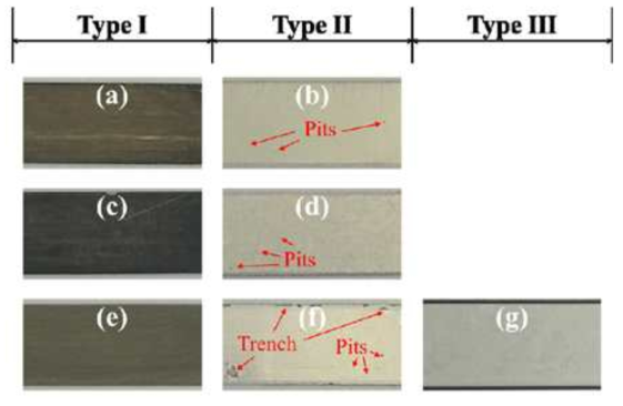 Photographs of AZ31 Mg alloy obtained after application of various applied anodic current densities for 5 min in (a, b) 0.1 M, (c, d) 0.3 M and (e, f, g) 0.6M NaOH solutions
