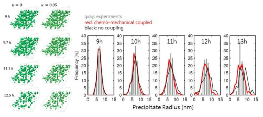 (좌) chemo-mechanical coupling 유무에 따른 3차원 석출물 분포의 변화 (우) 실험과의 비교