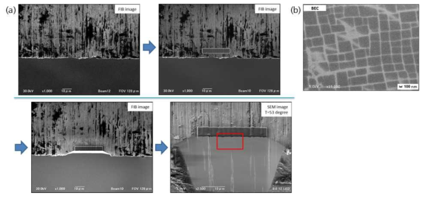 (a) 고분해능 3차원 미세조직 분석을 위한 FIB 가공방법 (이미지 획득지역 Pt 가공 후 빨간 네모 구역을 순차적 박리), (b) FIB 가공에 의해 얻어진 BE 이미지 예시