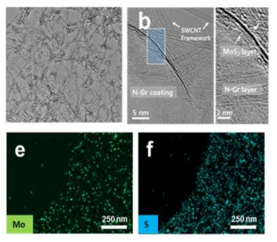 NGr-MoS2-SWCNTs에 대한 TEM 및 EDS 분석 결과
