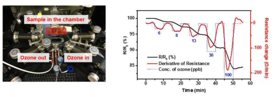섬유형 오존 가스 센서 시험 챔버 및 오존 농도에 따른 섬유형 센서의 저항 변화