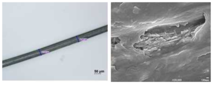 모노필라멘트형 복합감지 센서 광학현미경 및 전자현미경 사진