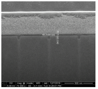 AlGaN 층 식각 공정 후의 미세 식각 영역에 대한 Focused Ion-Beam SEM 이미지