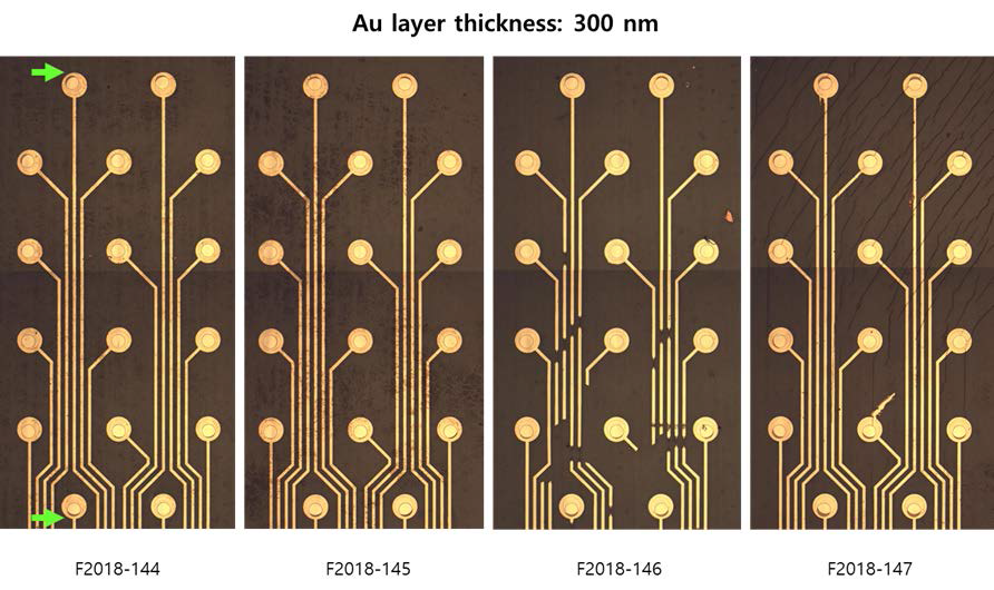 RIE Au (300 nm) 마스크 패터닝에 의한 전극 정렬 문제