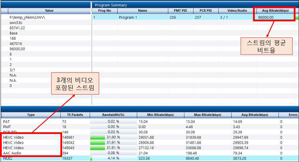 스트림 분석화면 - 96Mbps