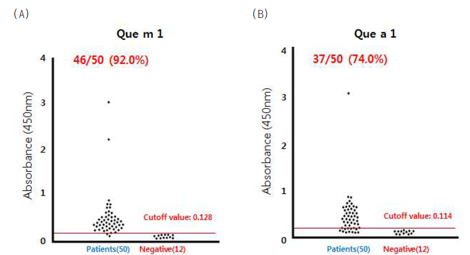 재조합 참나무 알레르겐의 IgE 반응성. 참나무 알레르기 환자 혈청을 이용하여 ELISA 기법으로 재조합 Que m 1 (A)과 Que a 1 (B) 알레르겐에 대한 IgE 반응성을 분석한 결과