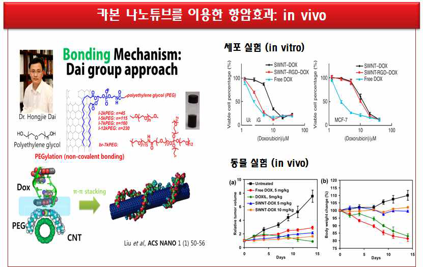 Dai 교수팀은 비공유(non covalent) 및 π-π 결합을 이용한 카본 나노항암제로 Nature Nanotechnol, PNAS, Angewandte Chemie, Nano lett 및 ACS Nano에 다수의 논문들을 발표하였지만 특정 암 치료 및 efflux 억제의 효과를 나타내지는 못함