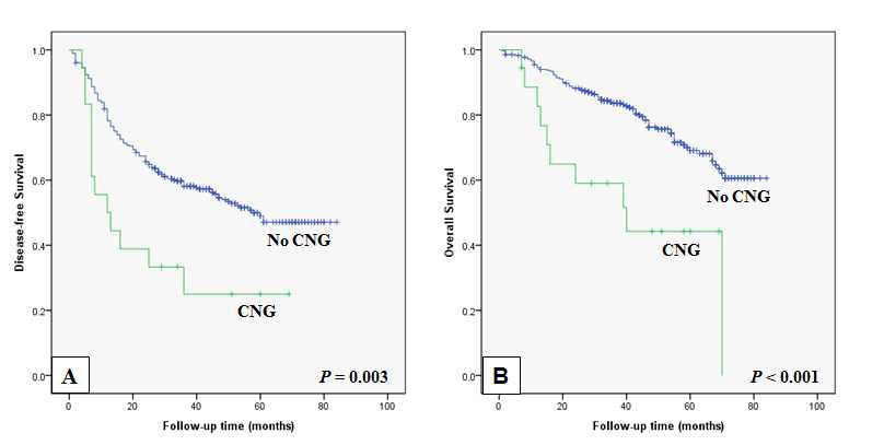 ROS1 CNG의 무병생존율 (A)과 총생존율 (B)