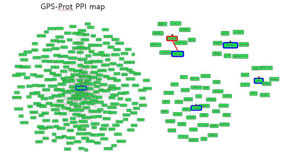 FDR p < 0.05 수준의 유의단백들의 기존 PPI 분석결과