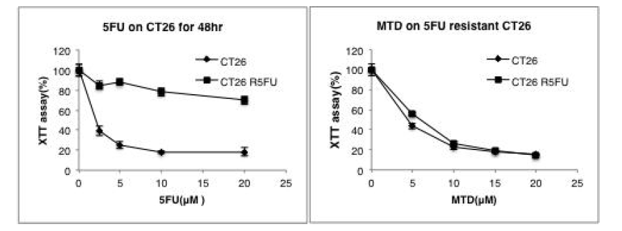 CT26 parental 세포와 CT26 5‘FU–Resistant 세포에 5’FU (왼쪽 패널), MTD 펩타이드 (오른쪽 패널)를 처리하여 세포의 생존율을 조사하였다