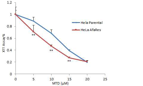 Parental and Afa-Res HeLa cells were treated with R8:MTD peptide for 1 hour and cell viability was measured using an XTT assay; **NS, non-significant