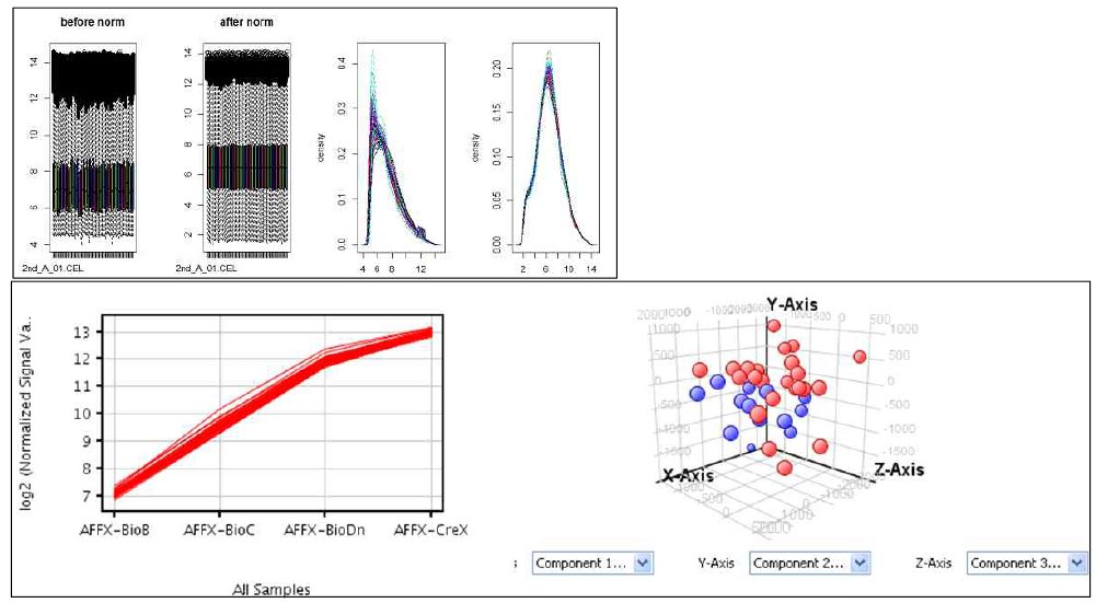유전자 발현 분석의 정도관리들. Normalization 전후의 intensity 비교, RLE, MA plot, spatial defeat