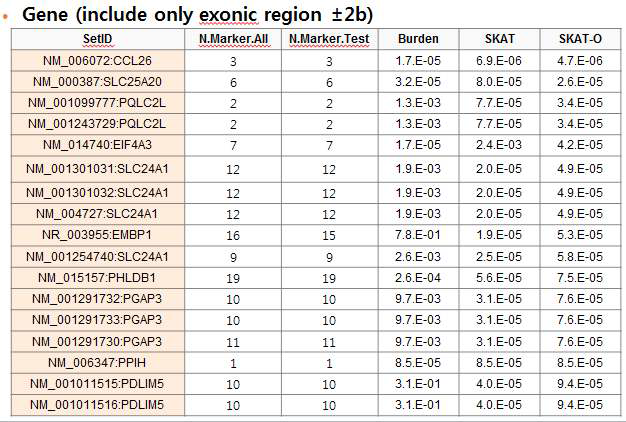 유의수준 p<0.0001을 기준으로 하였을 경우, 유전자 exon + 2 b 의 SKAT-O 분석결과