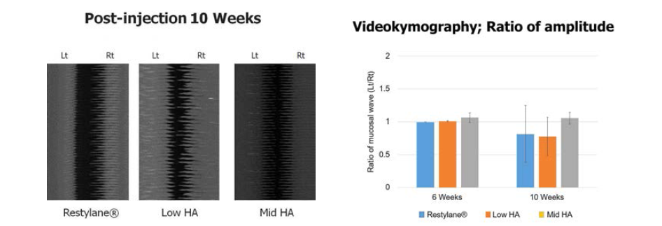 H&E staining에서 새로운 Mid HA filler가 다른 group에 비해 vibration 개선 효과가 10주이상 유지됨을 videokymographic analysis로 확인함