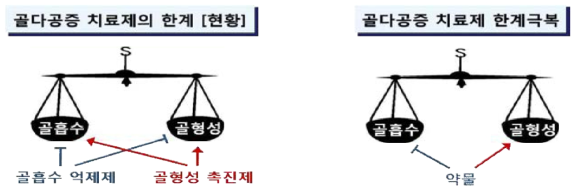 현 골다공증 치료제의 한계 (좌)와 이를 극복하기 위한 골흡수 억제 및 골형성 촉진의 이중 효과를 가진 새로운 약제 개발의 필요성 (우)