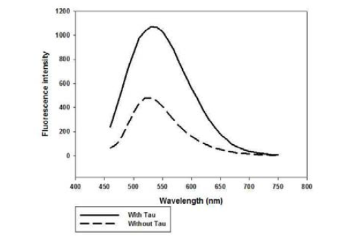 The fluorescence intensities of curcumin benzimidazole derivative (dashed line: without tau aggregate, solid line: with tau aggregate) upon interaction with aggregated tau