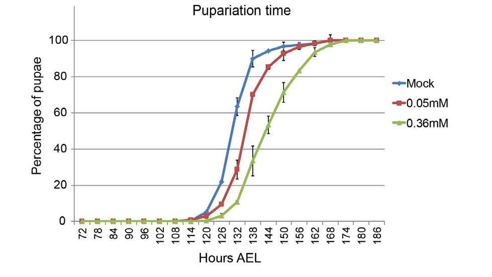 초파리 larva에 미노싸이클린을 먹일시 농도에 따라 pupa가 되는 시기가 점점 늦어짐