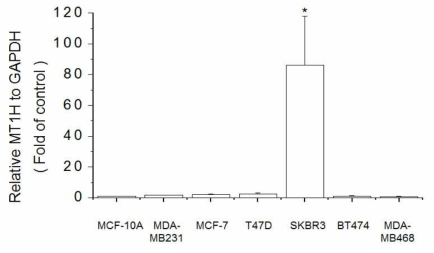 Expression of MT1H in breast cell lines. The cells were lysed and the total mRNA was analyzed by real time-PCR. PCR amplification was performed for each sample using primers specific for human MT1H and GAPDH. *p < 0.05 compared with MCF-10A