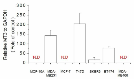 Expression of MT3 in breast cell lines. The cells were lysed and the total mRNA was analyzed by real time-PCR. PCR amplification was performed for each sample using primers specific for human MT3 and GAPDH