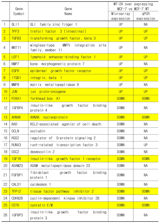 EMT related genes regulated by MT-2A expression in MCF-7