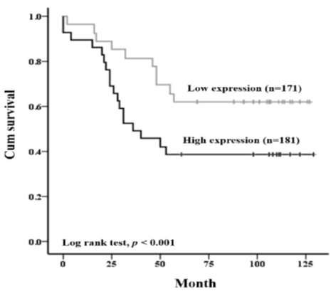 MT2A expression is associated with a poor prognosis of breast cancer patients. 352 breast cancer samples were stained with MT2A antibody and graded based on both staining intensity and staining frequency. Survival rate was determined based on the expression of MT2A expression using Kaplan-Meier method (p < 0.001)