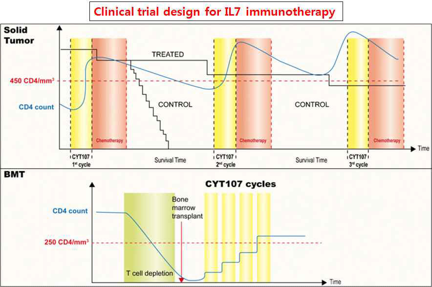 면역 치료 임상시험 예. (위) 육종암 치료 디자인. (아래) 골수 이식 시 IL-7 면역 치료. Adapted from Morre M et al 2012 Targ Oncol