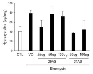 Bleomycin model에서 BMT101 (31AS) 과 BMT101 유도체 (29AS)의 Hydroxyproline 감소 효력 비교