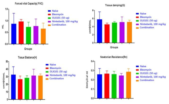 Bleomycin 및 BMT101, Nintedanib을 투여한 폐섬유화 동물모델에서의 폐기능 분석