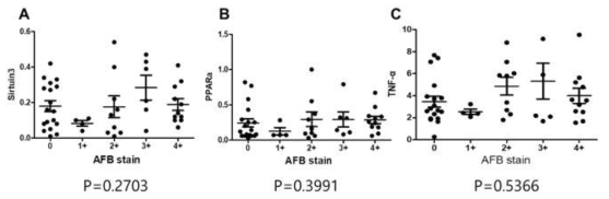 건강인 및 결핵환자의 말초혈액 단핵세포에서 SIRT3, PPARalpha, TNFalpha와 객담 내 항산균 수준과의 관련성 분석