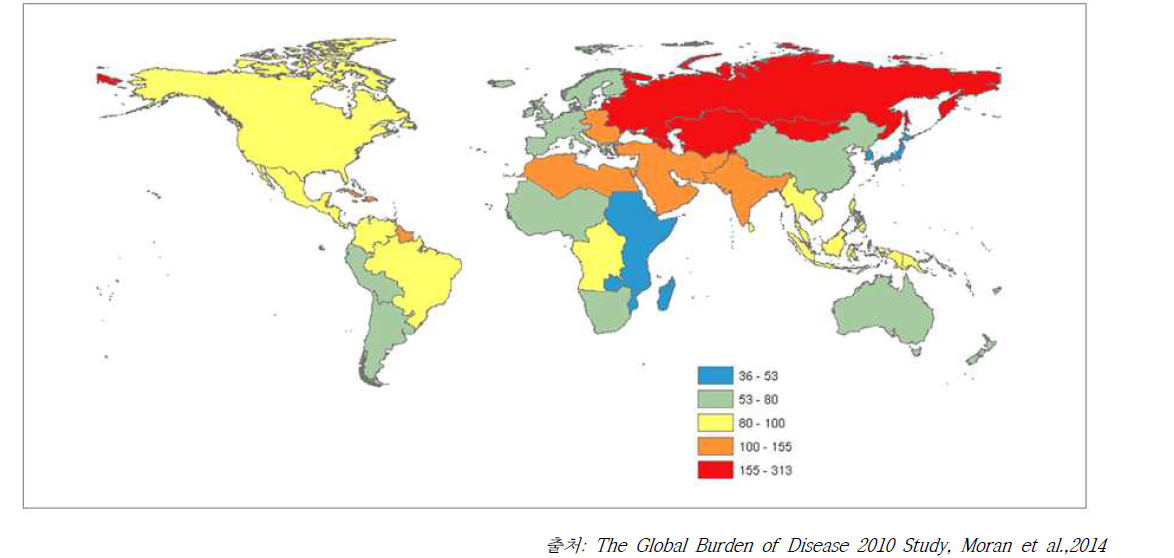 인구 10만 명당 관상동맥 질환자 사망률 분포 (2010)