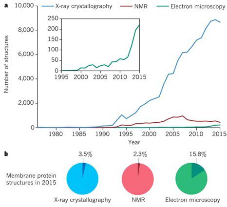 지난 40년 동안 구조 생물학의 발전. a, X-ray crystallography, NMR spectroscopy, electron microscopy를 통해 규명된 단백질의 숫자(1975년~2015년 PDB 업로드 기준). 약 2013년부터 electron microscopy를 통해 밝혀진 구조의 숫자가 급격히 늘어남. b, 2015년에 각 방법을 통해 밝혀진 생체막 단백질의 숫자를 퍼센트로 나타냄. 다른 기술에 비해서 electron microscopy는 생체막 단백질 규조 규명에 더 널리 사용됨을 확인할 수 있음.(Natures, 2016, Sjors H. W. Scheres)