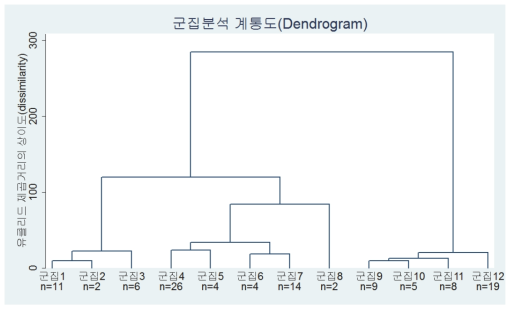 위계적 군집분석 결과에 따른 국가 유형 분류(12개유형 군집)